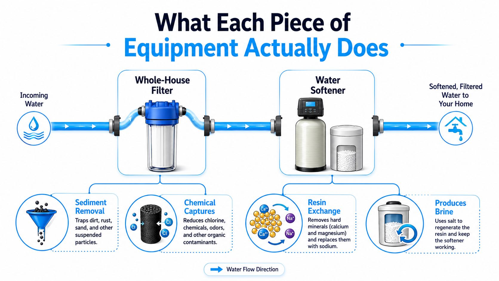 A diagram illustrating a water treatment system with a whole-house filter followed by a water softener unit.