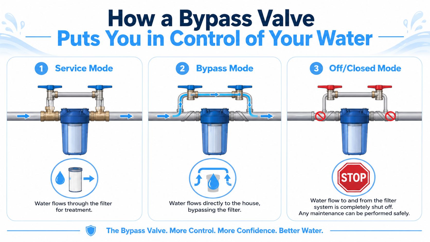 A diagram illustrating three modes of a whole house water filter system: service, bypass, and closed.