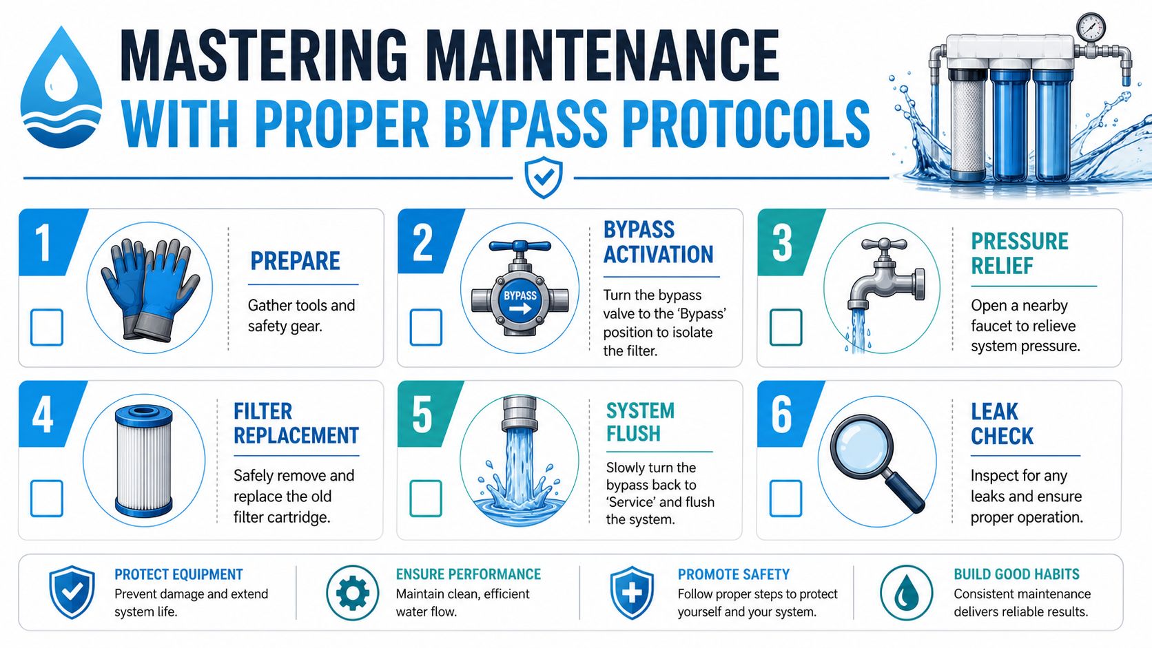 An infographic showing six steps for performing maintenance on a whole house water filtration system with bypass.