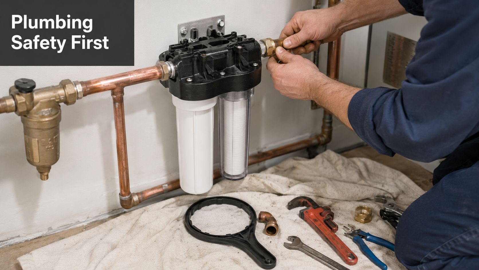A professional plumber installing a two-stage whole house water filter system onto copper pipes.