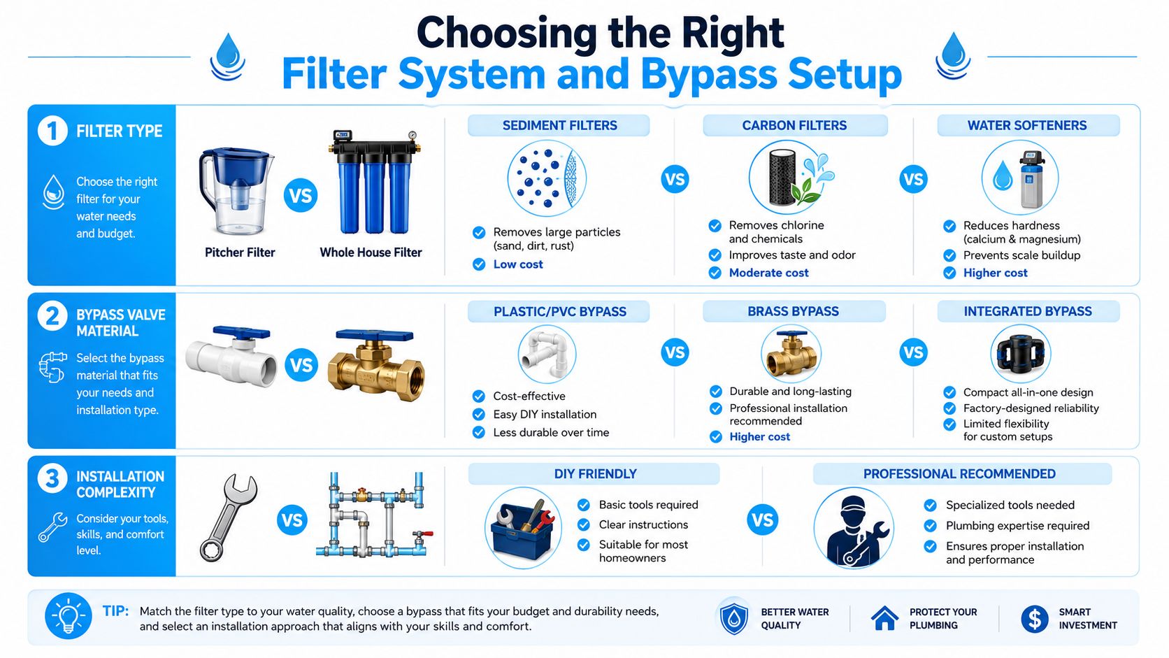 A comparison guide for choosing water filter systems, bypass valves, and installation methods for home water treatment.