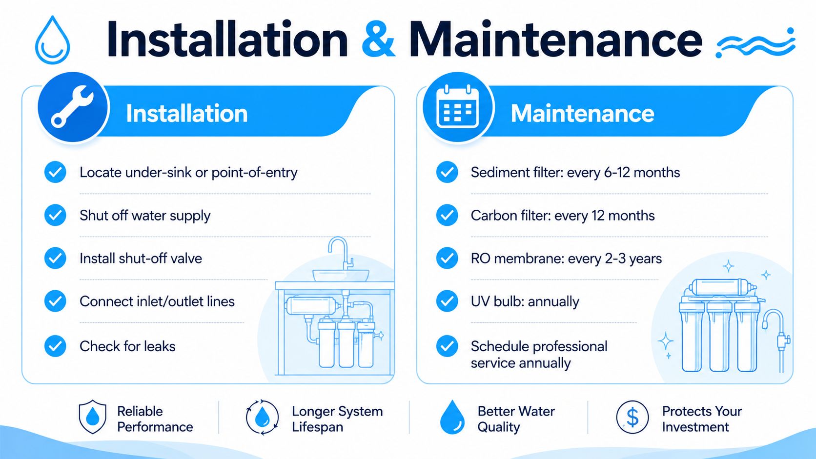 An infographic detailing installation steps and maintenance schedules for a 3 stage filtration system for clean water.