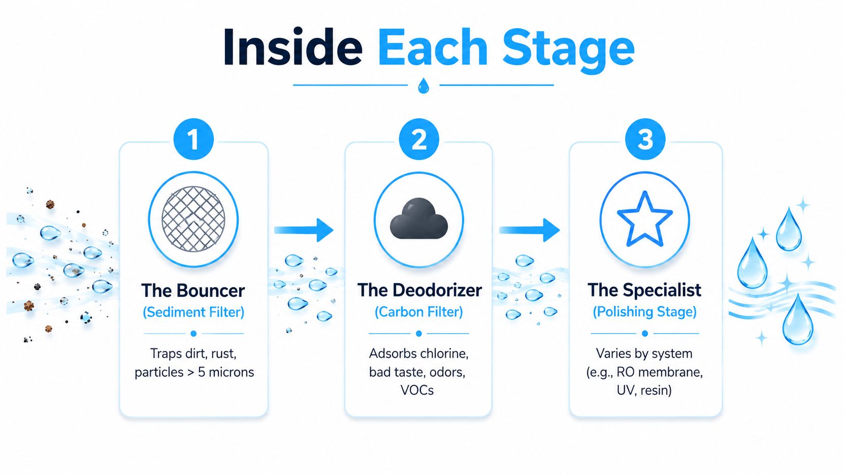 A diagram illustrating the three stages of a water filtration system, explaining each filtering process sequentially.