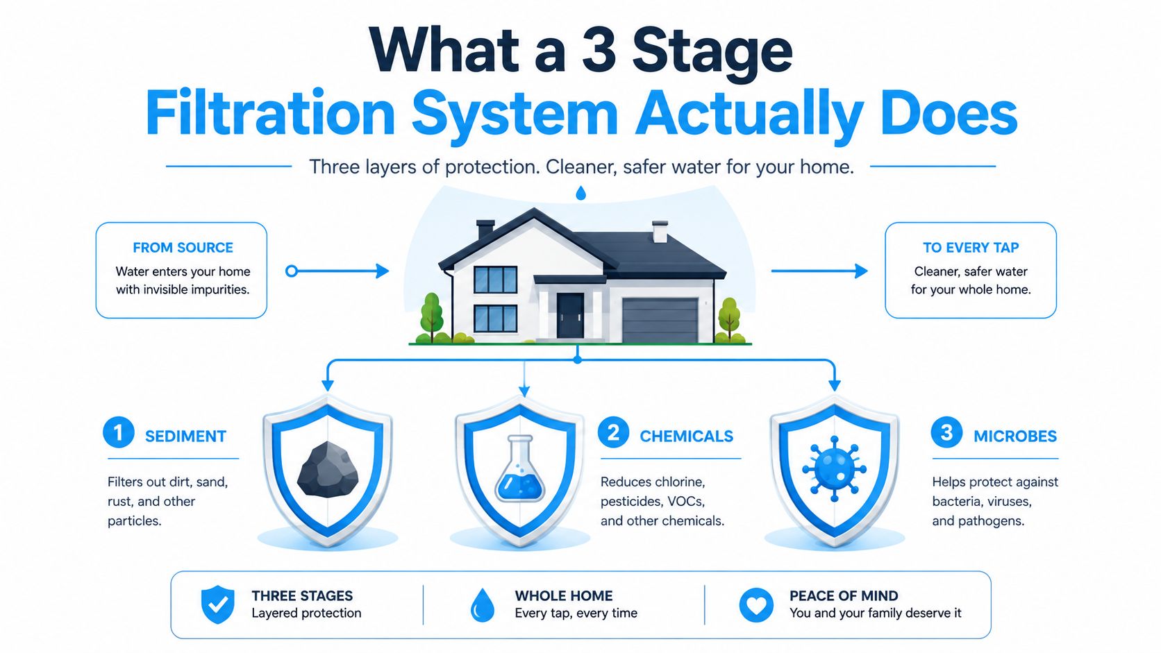 An infographic showing how a three-stage water filtration system removes sediment, chemicals, and microbes for home use.