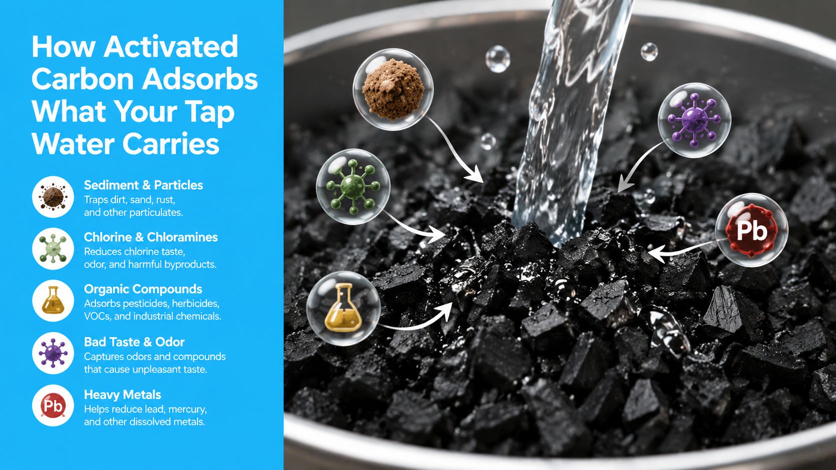 An infographic showing activated carbon filtering tap water by adsorbing impurities like sediment, chemicals, and heavy metals.