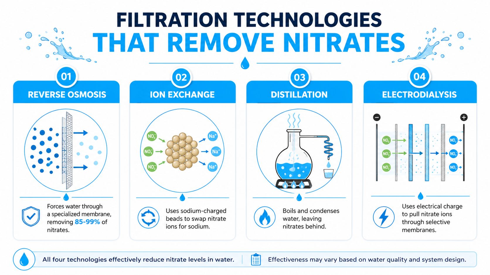 An infographic showing four common filtration technologies for removing nitrates from water, including reverse osmosis and distillation.