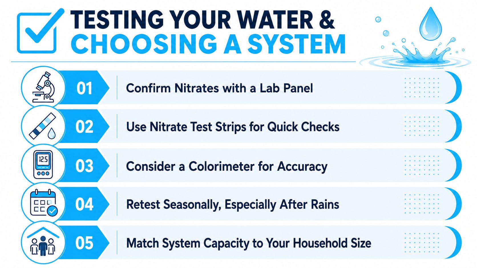 A checklist infographic titled Testing Your Water and Choosing a System with five steps for managing nitrates.