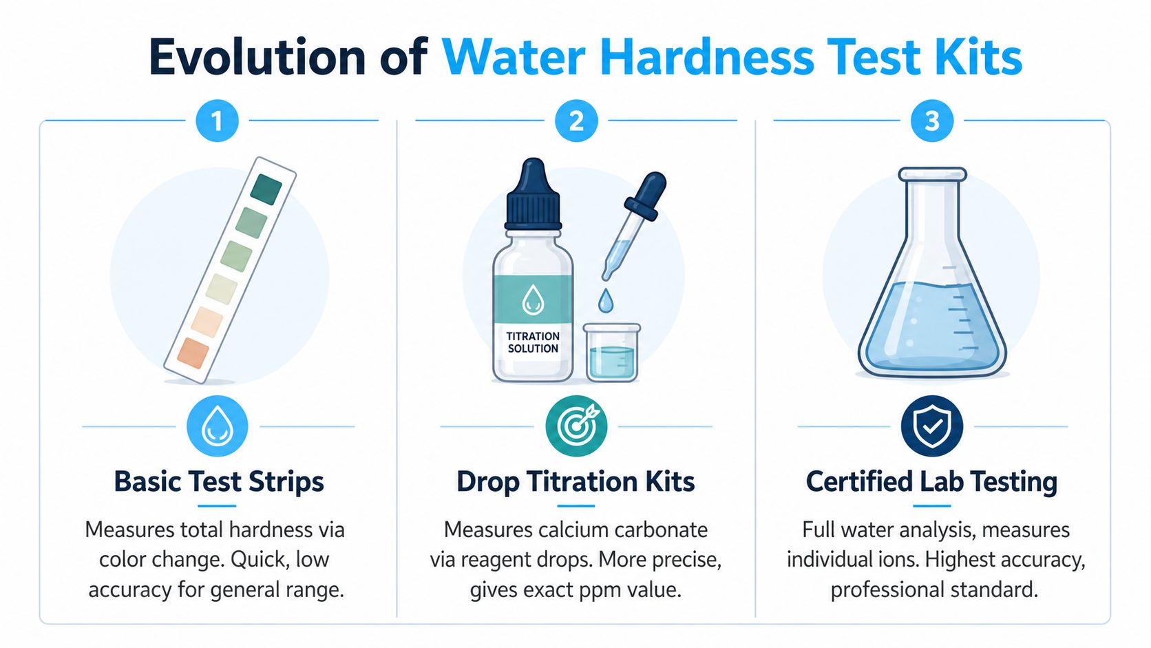 A graphic showing the evolution of water hardness testing methods from basic strips to lab analysis.