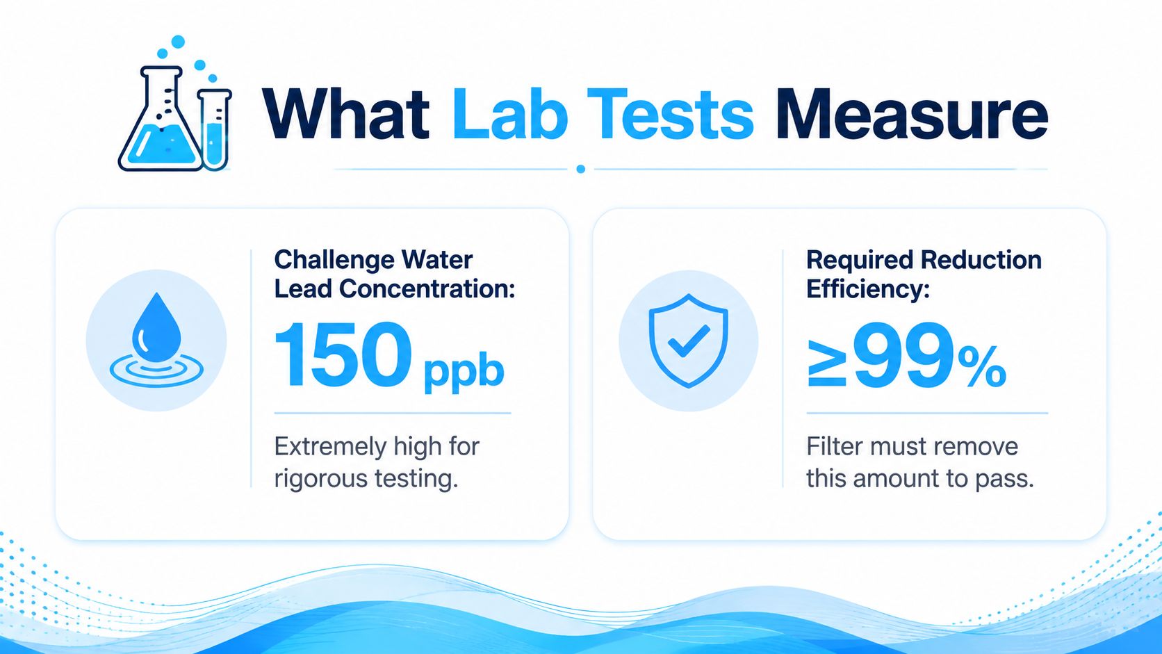 An infographic detailing water filter lead removal standards with a 150 ppb concentration and 99 percent efficiency.