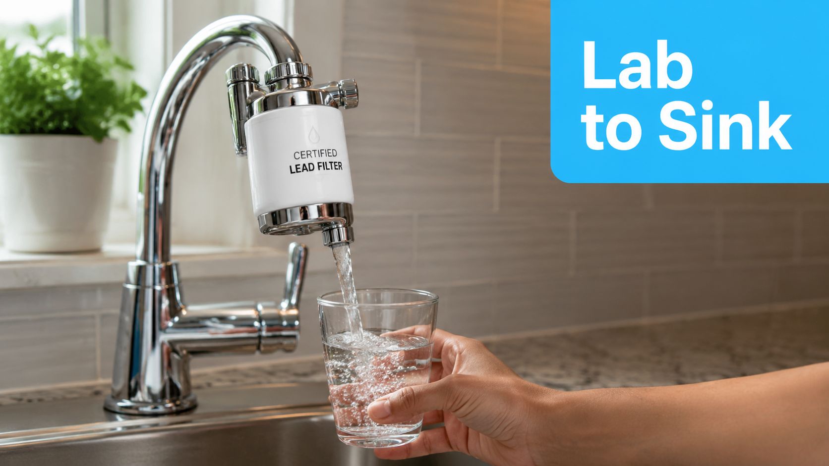 A person holding a glass under a kitchen faucet equipped with a certified lead water filter.