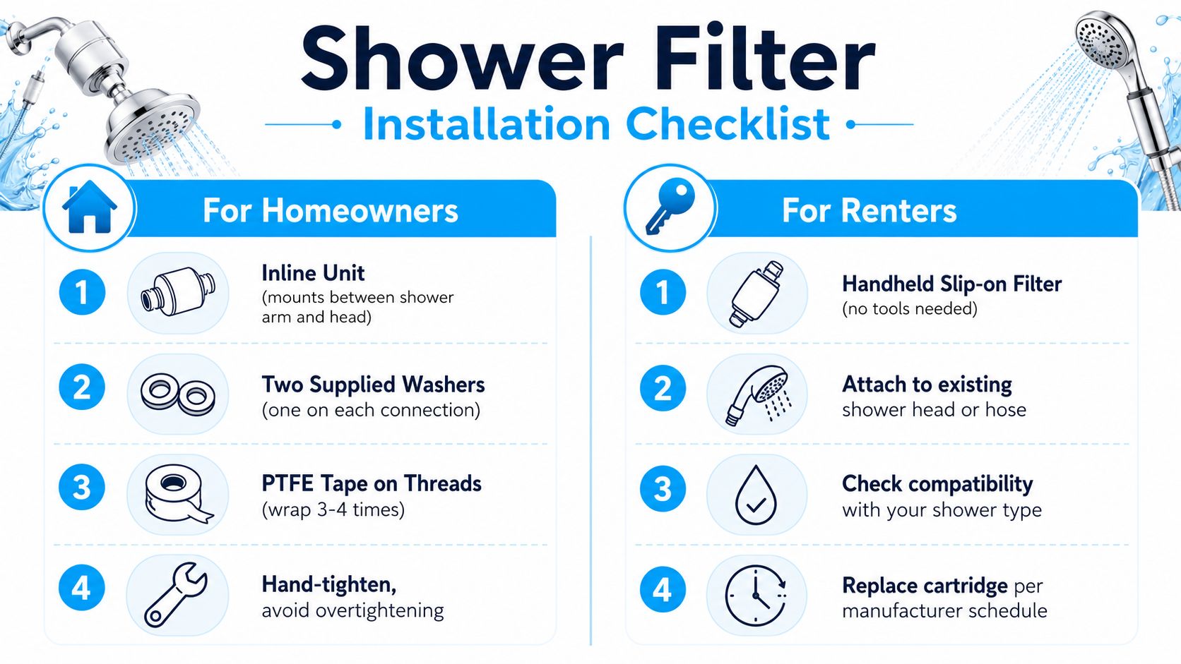 An infographic titled Shower Filter Installation Checklist, outlining step-by-step instructions for homeowners and renters.