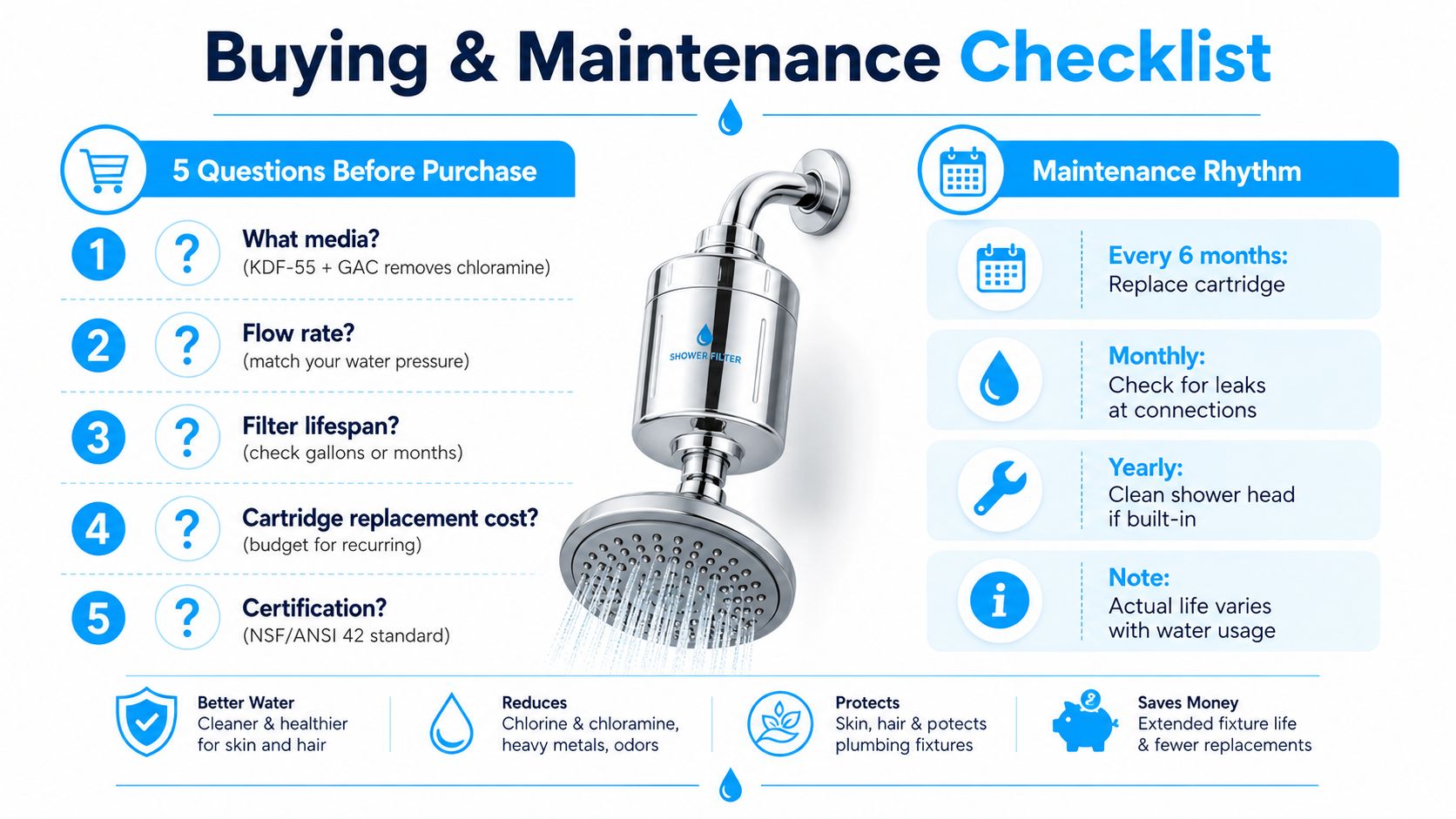 A comprehensive checklist for buying and maintaining a shower water filter to improve skin and hair health.