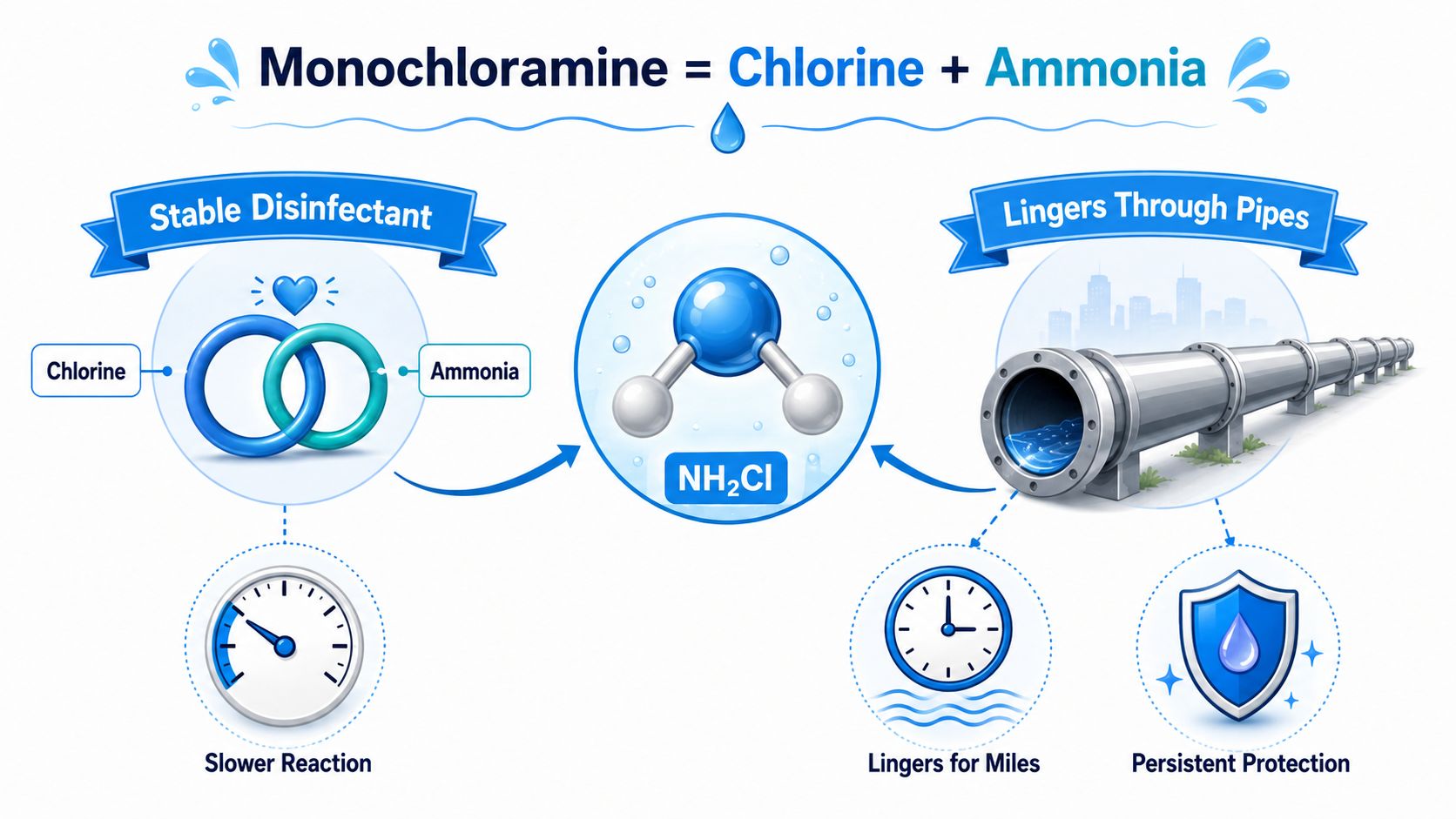 An educational infographic explaining that monochloramine is formed by combining chlorine and ammonia for water treatment.