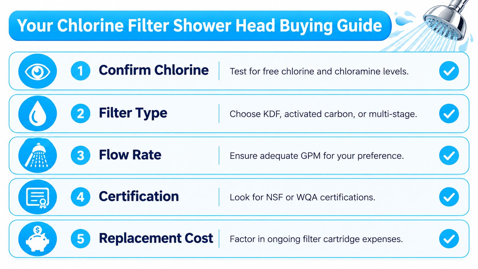 A five-step guide for purchasing a chlorine filter shower head to improve your home water quality.