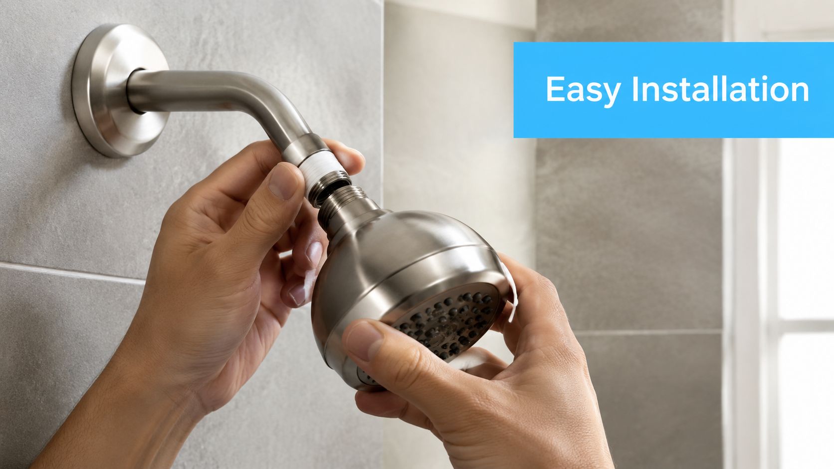 A person installing a new shower head onto a pipe with thread seal tape for a bathroom.