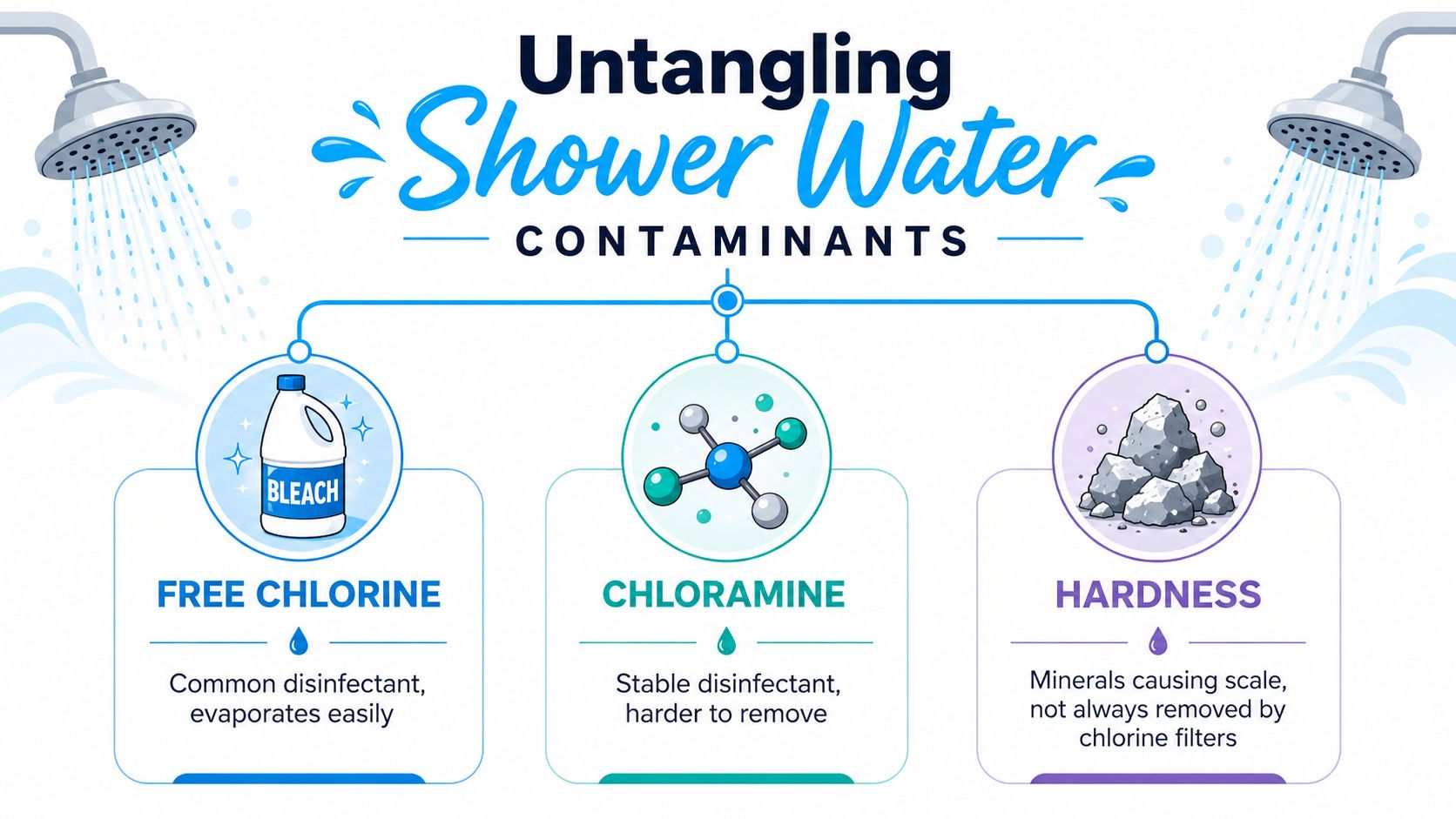 An infographic titled Untangling Shower Water Contaminants showing free chlorine, chloramine, and water hardness as shower water issues.