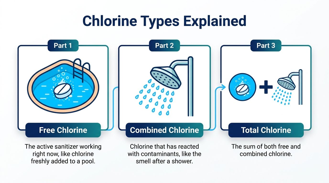A diagram explaining the three types of chlorine: free, combined, and total, using simple pool and shower icons.