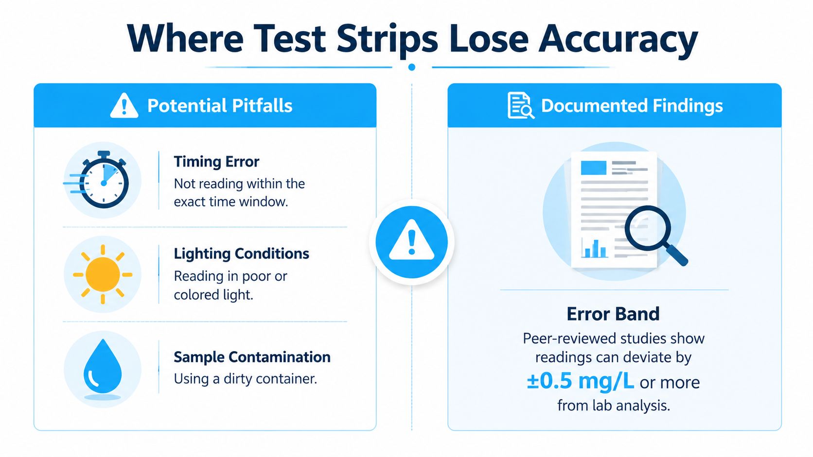 An infographic detailing potential accuracy pitfalls for water test strips, including timing, lighting, and contamination.