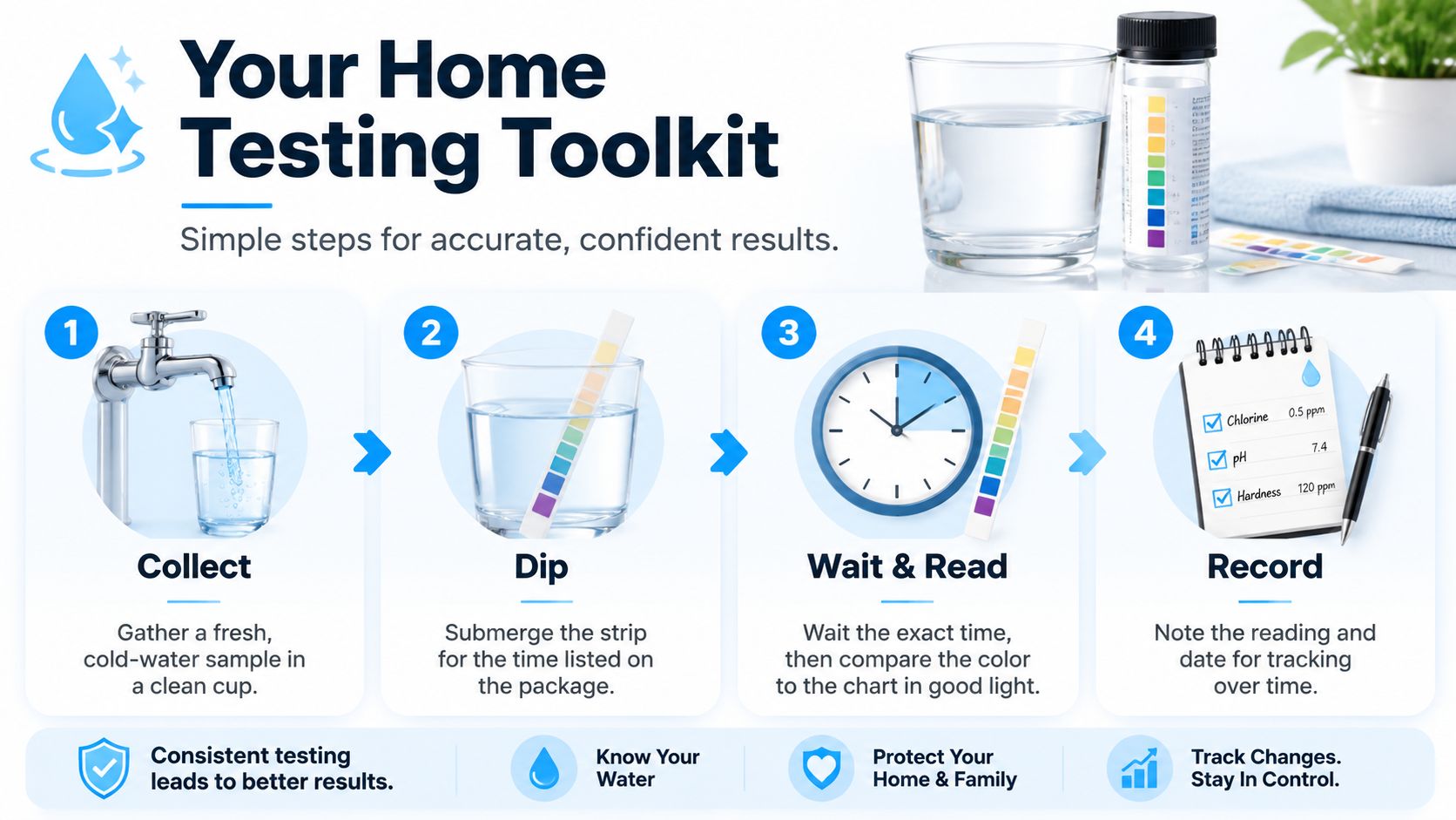 An instructional graphic showing four simple steps to test drinking water using test strips for accuracy.