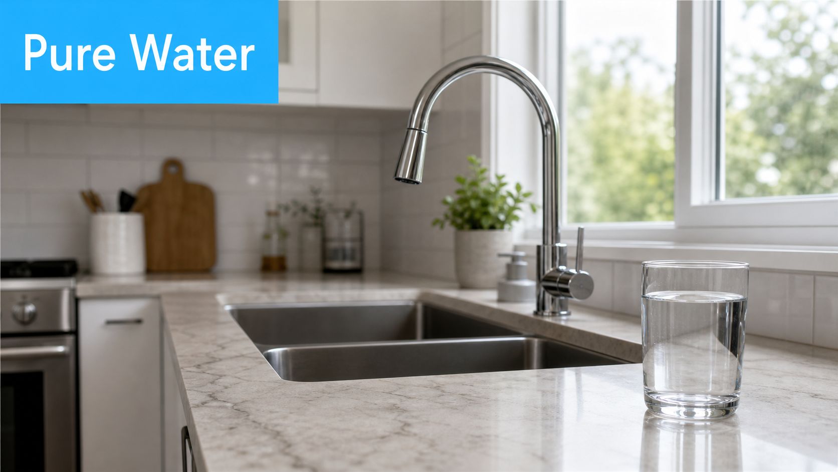 A clear glass of pure drinking water sitting on a clean marble kitchen countertop next to a faucet.