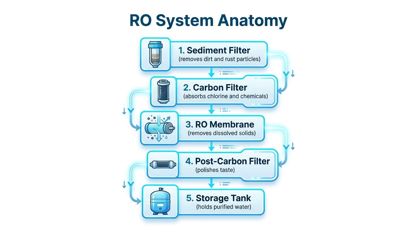 A diagram illustrating the five stages of a reverse osmosis water purification system.