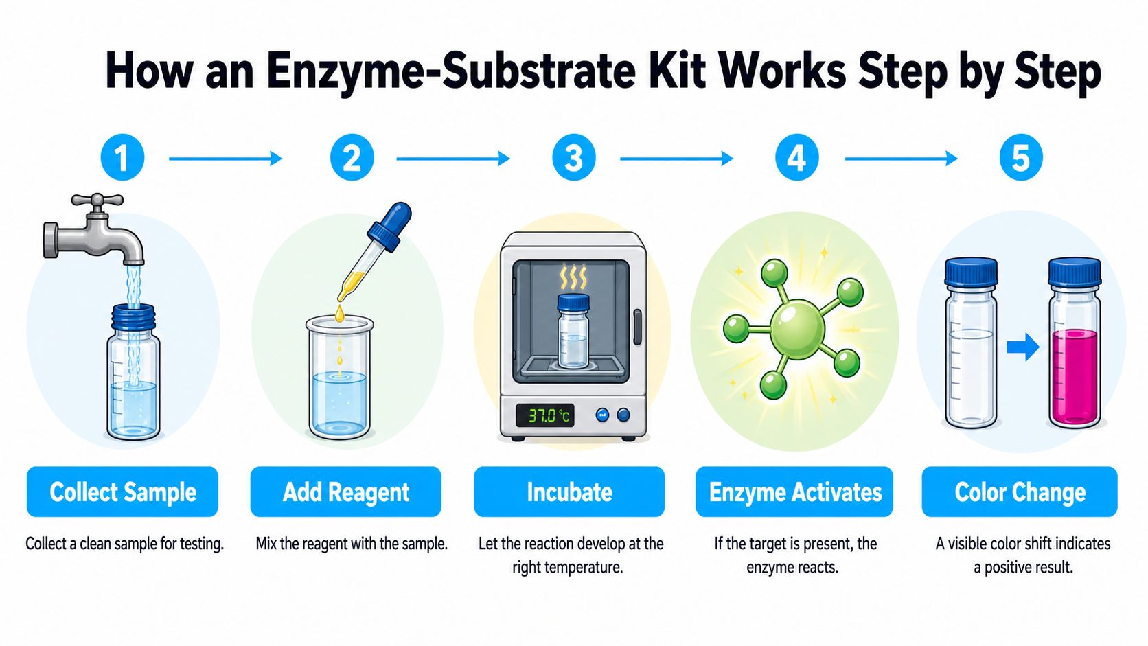 A five-step infographic showing how to use an enzyme-substrate kit to test for microbial contamination.