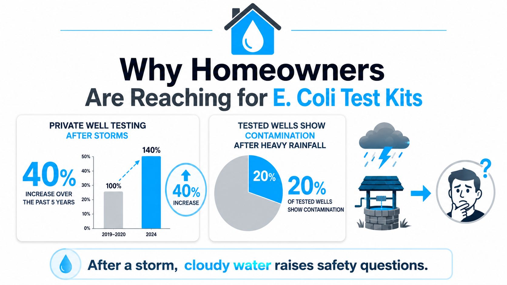 An infographic showing the increase in private well testing for E. coli after storms and heavy rainfall.