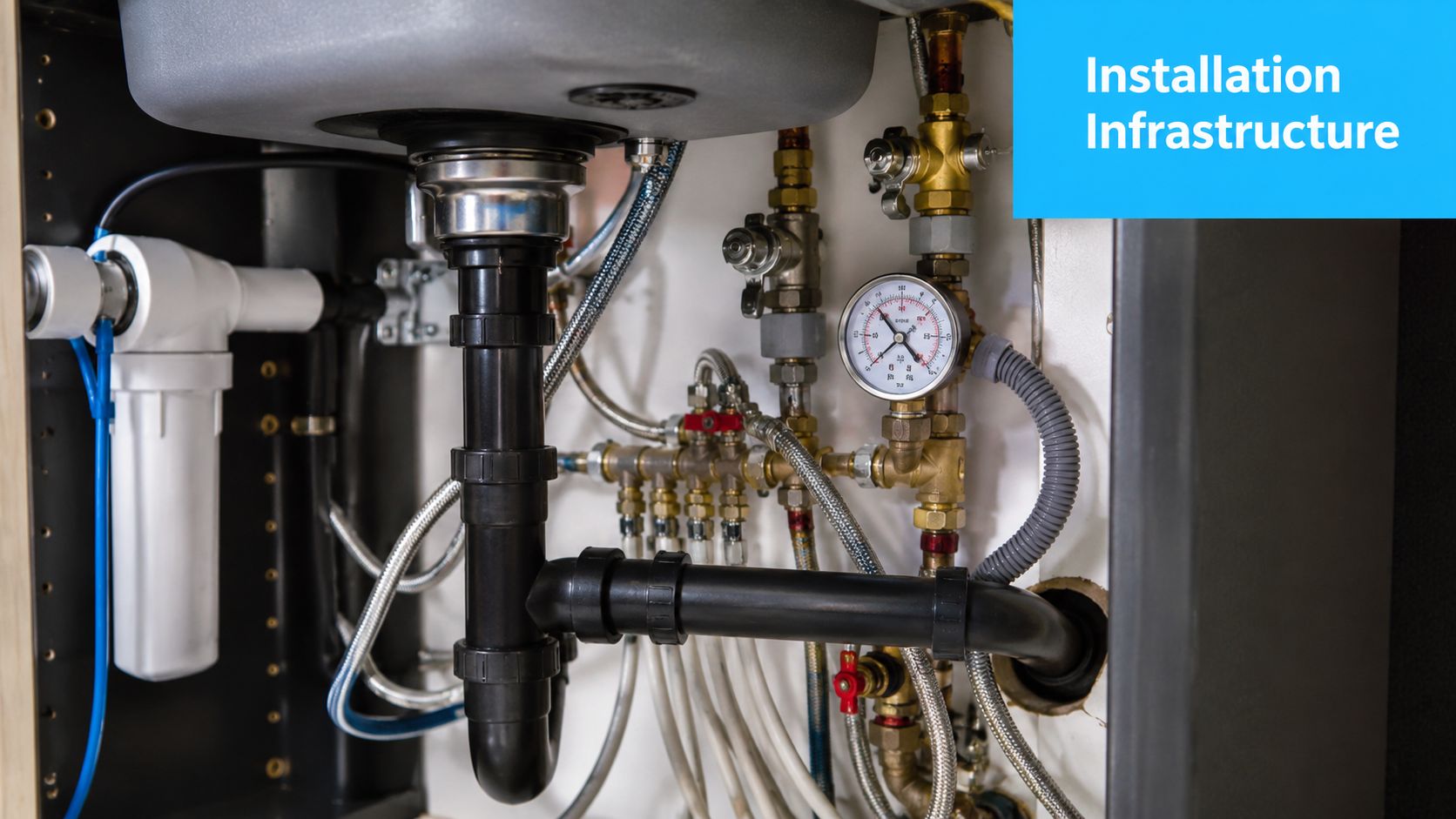 Close up view of complex under sink water filtration plumbing system with pressure gauge and pipes.