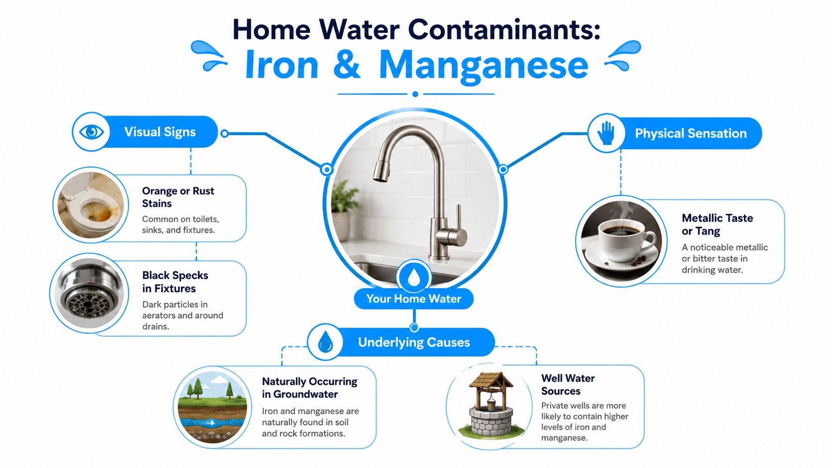 An infographic showing visual signs, physical sensations, and underlying causes of iron and manganese in home water.