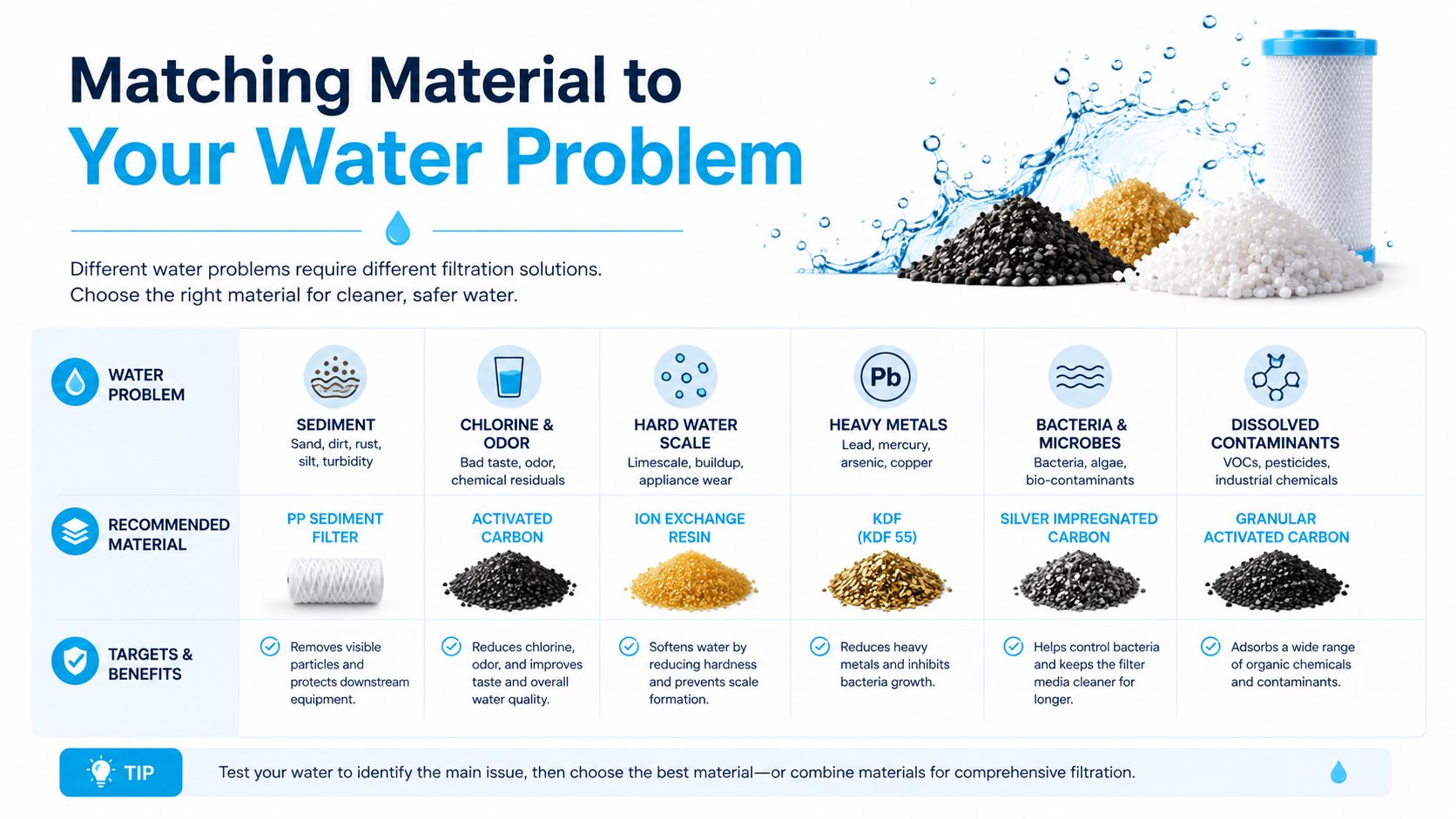 A chart showing different water filtration materials matched to specific common water problems and their benefits.