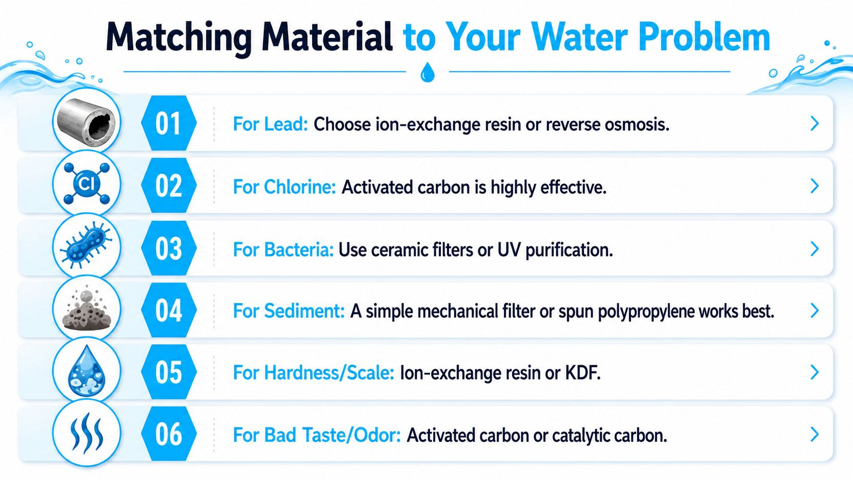 A chart showing various water contamination problems and their corresponding effective filtration materials for water purification systems.