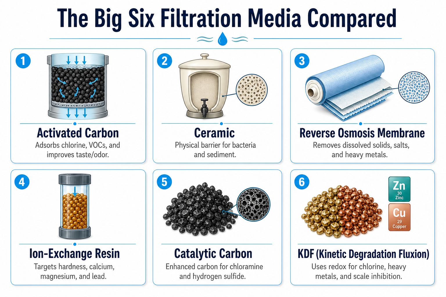 An educational infographic comparing the six common types of water filtration media used for home systems.