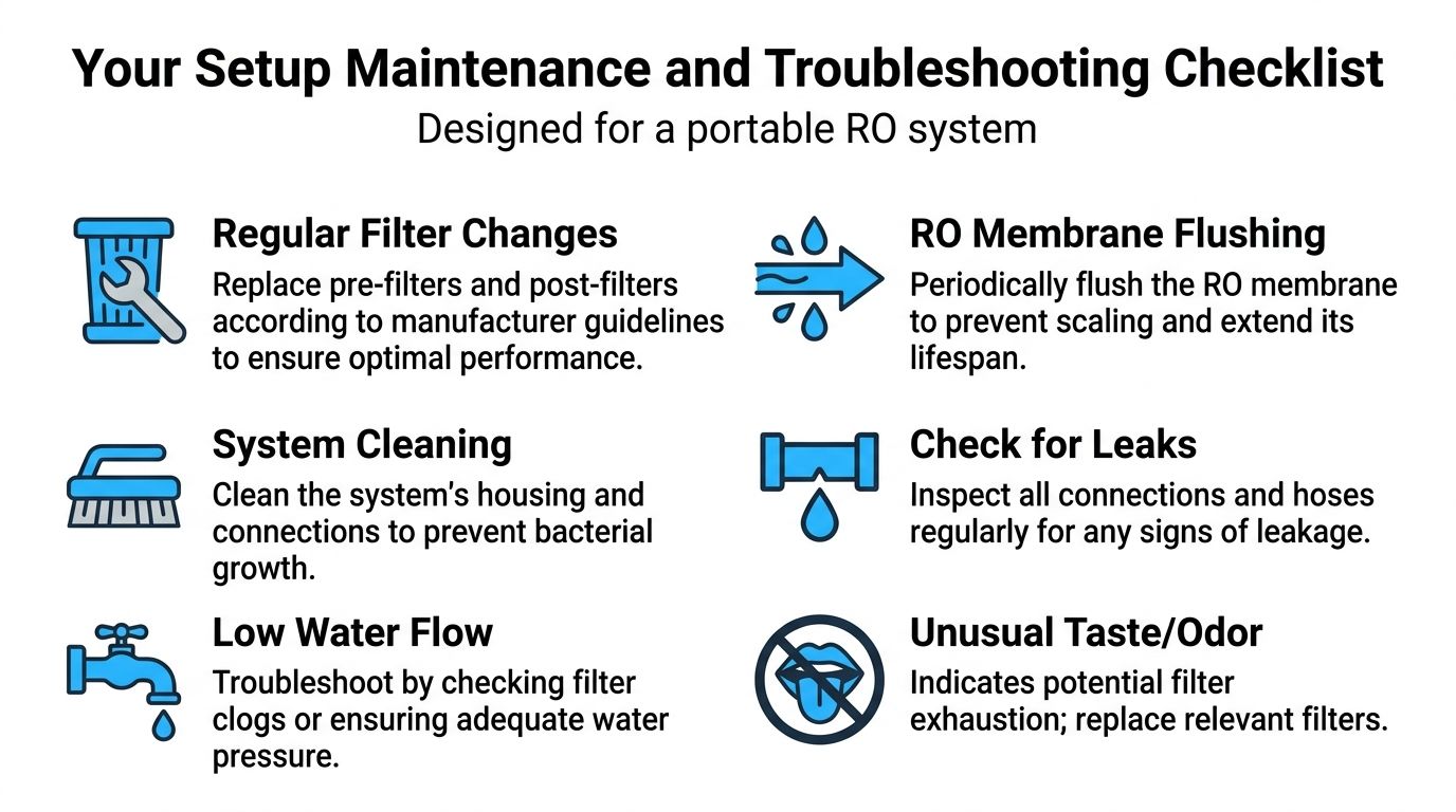 A maintenance and troubleshooting checklist for portable reverse osmosis water filter systems, covering filters, leaks, and performance.