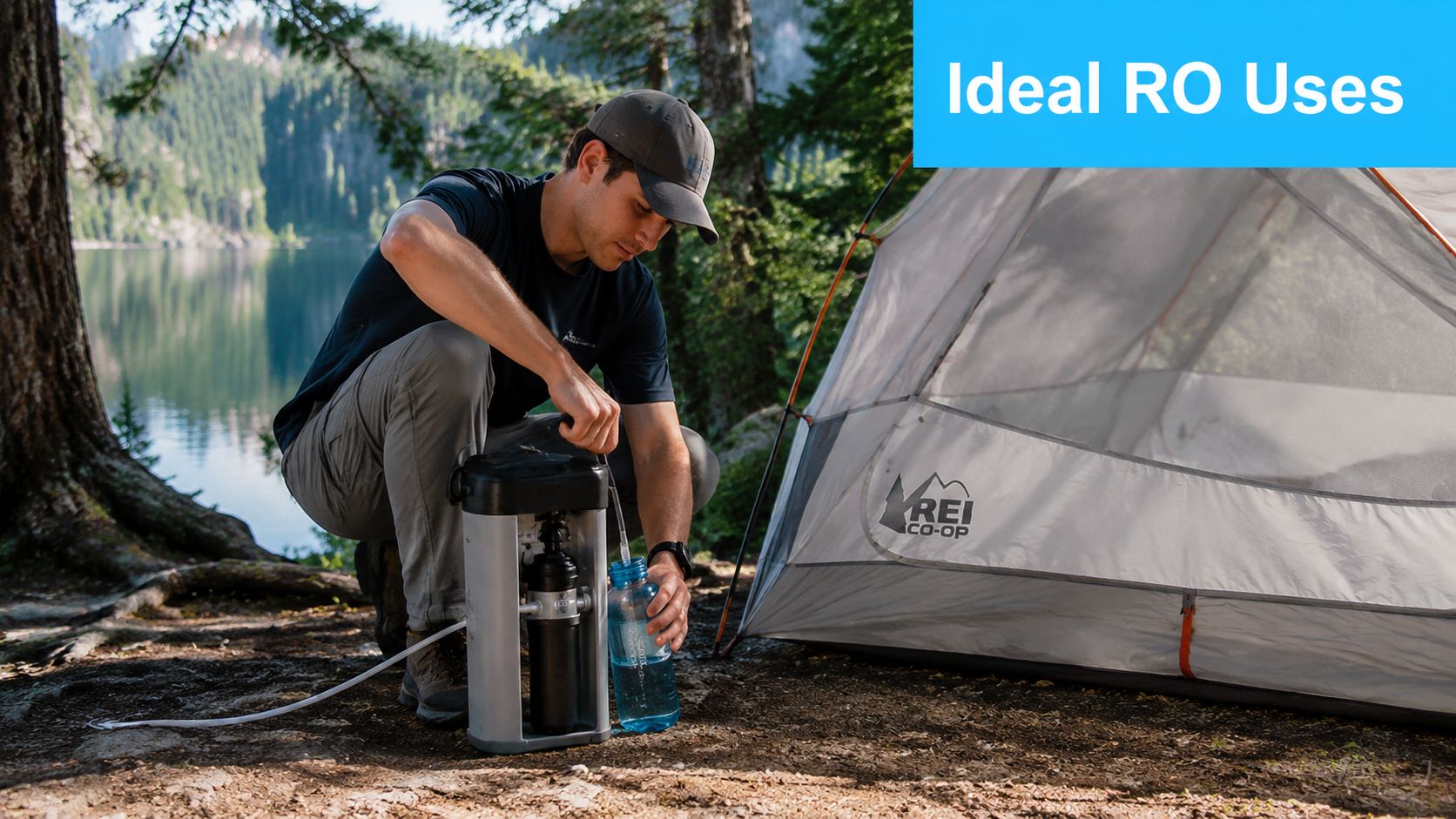 A man using a portable reverse osmosis water filter to fill a bottle outdoors by a lake.