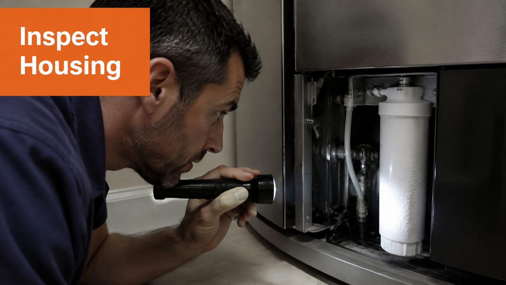 A technician using a flashlight to inspect a white water filter housing inside a refrigerator compartment.