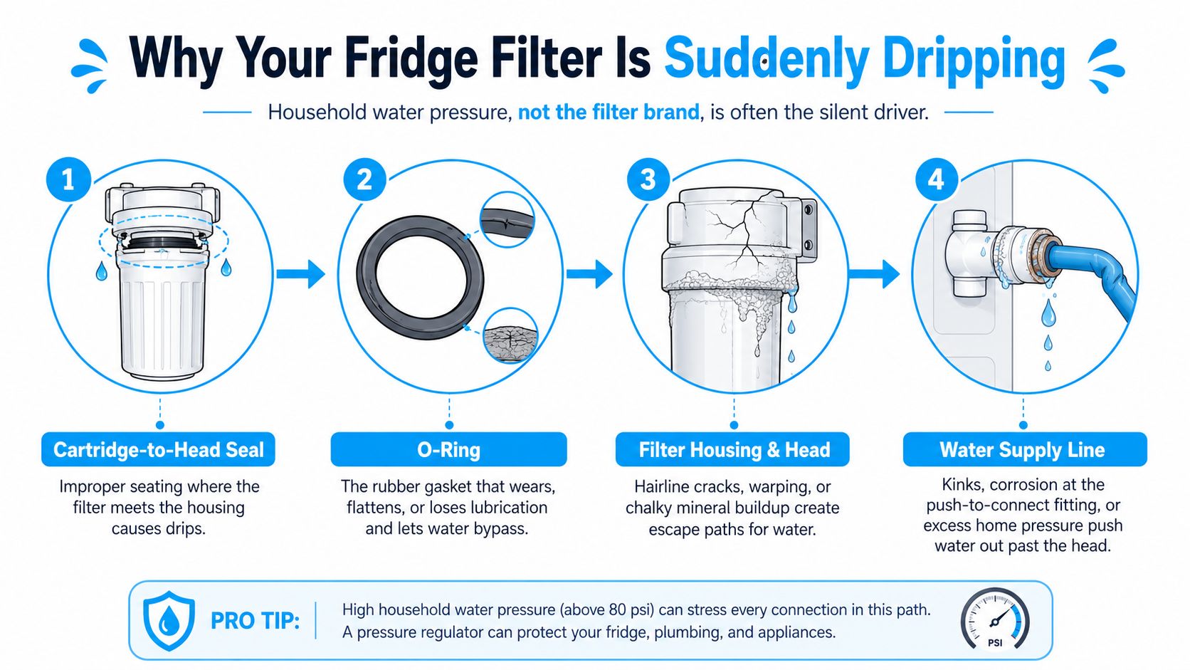 An infographic detailing four common reasons why a refrigerator water filter may suddenly start leaking water.