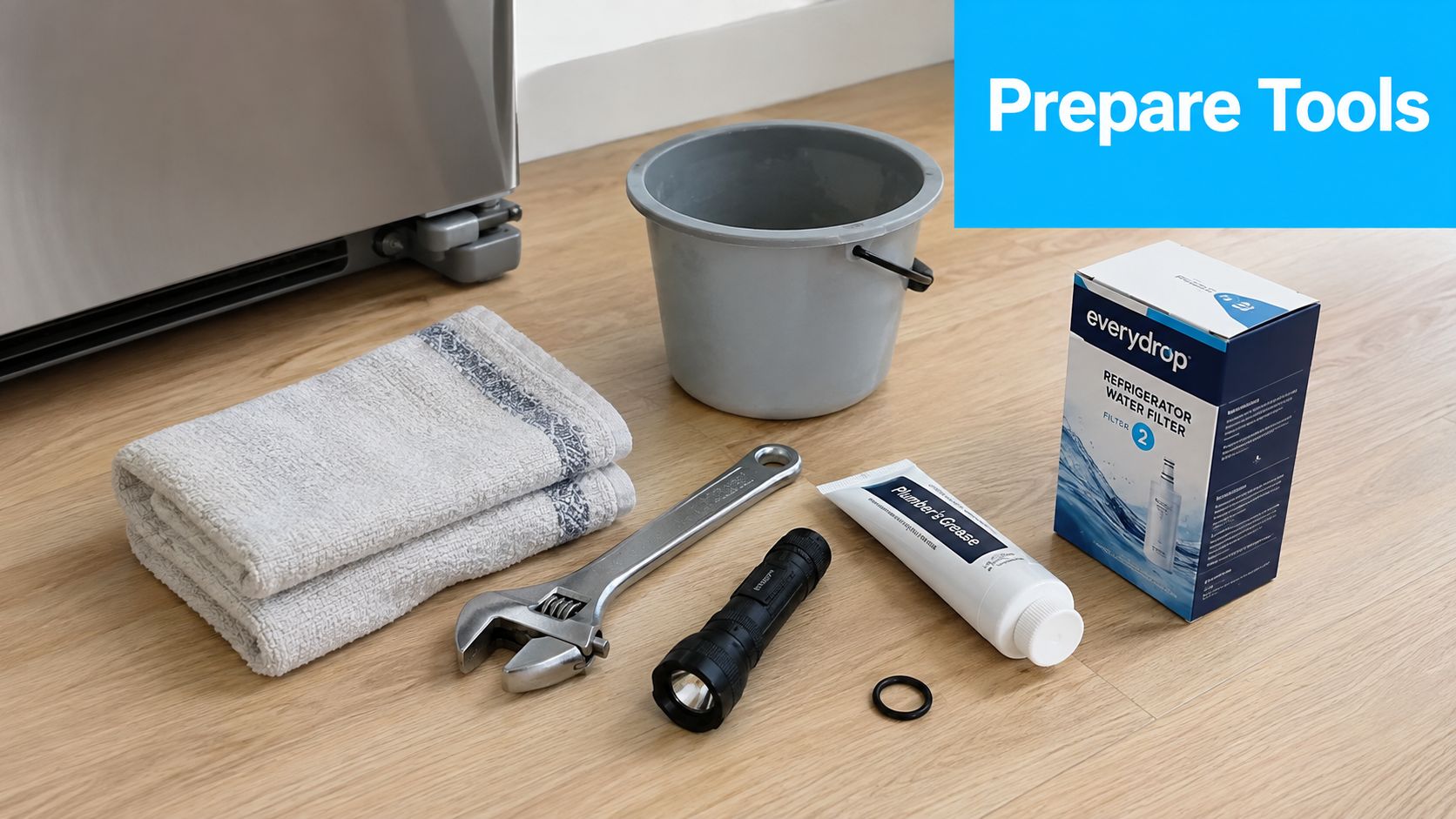 Tools prepared on a wooden floor for replacing a refrigerator water filter including bucket, towel, and grease.
