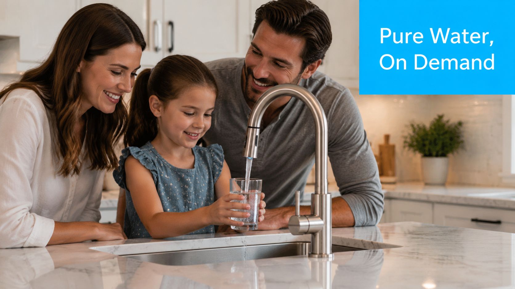 A happy family filling a glass with clean, filtered water from a modern kitchen sink faucet.