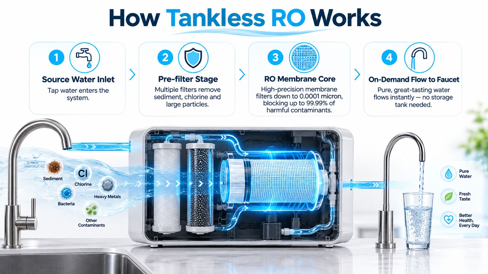 An infographic showing the four-stage water purification process of a tankless under sink RO system.