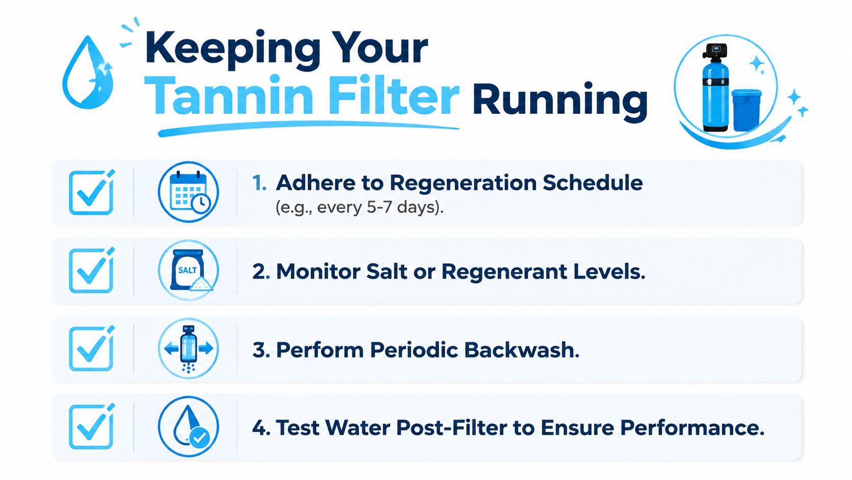 An infographic titled Keeping Your Tannin Filter Running providing four essential maintenance steps for water filtration systems.