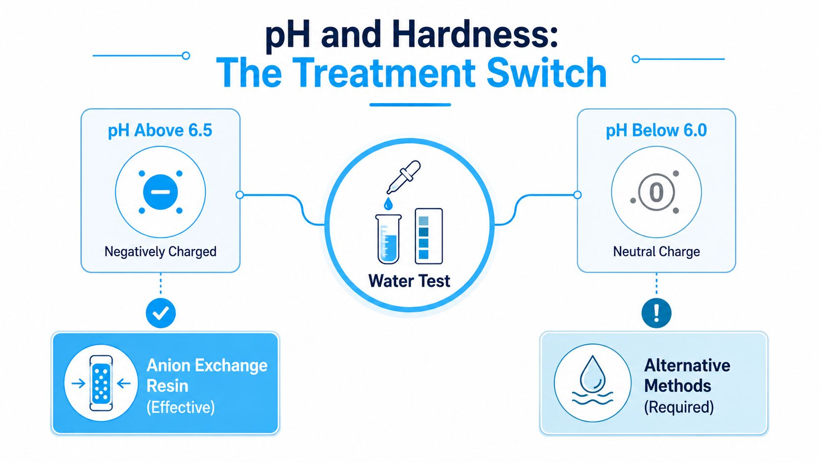 A diagram illustrating water treatment methods based on pH levels for effective tannin and hardness removal.