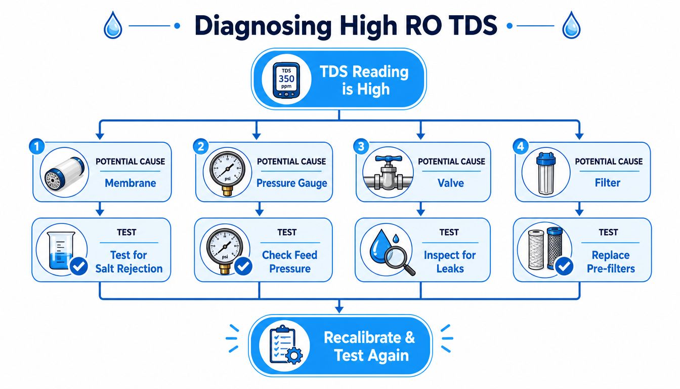 A diagnostic flowchart showing four potential causes and tests for high TDS levels in RO water systems.