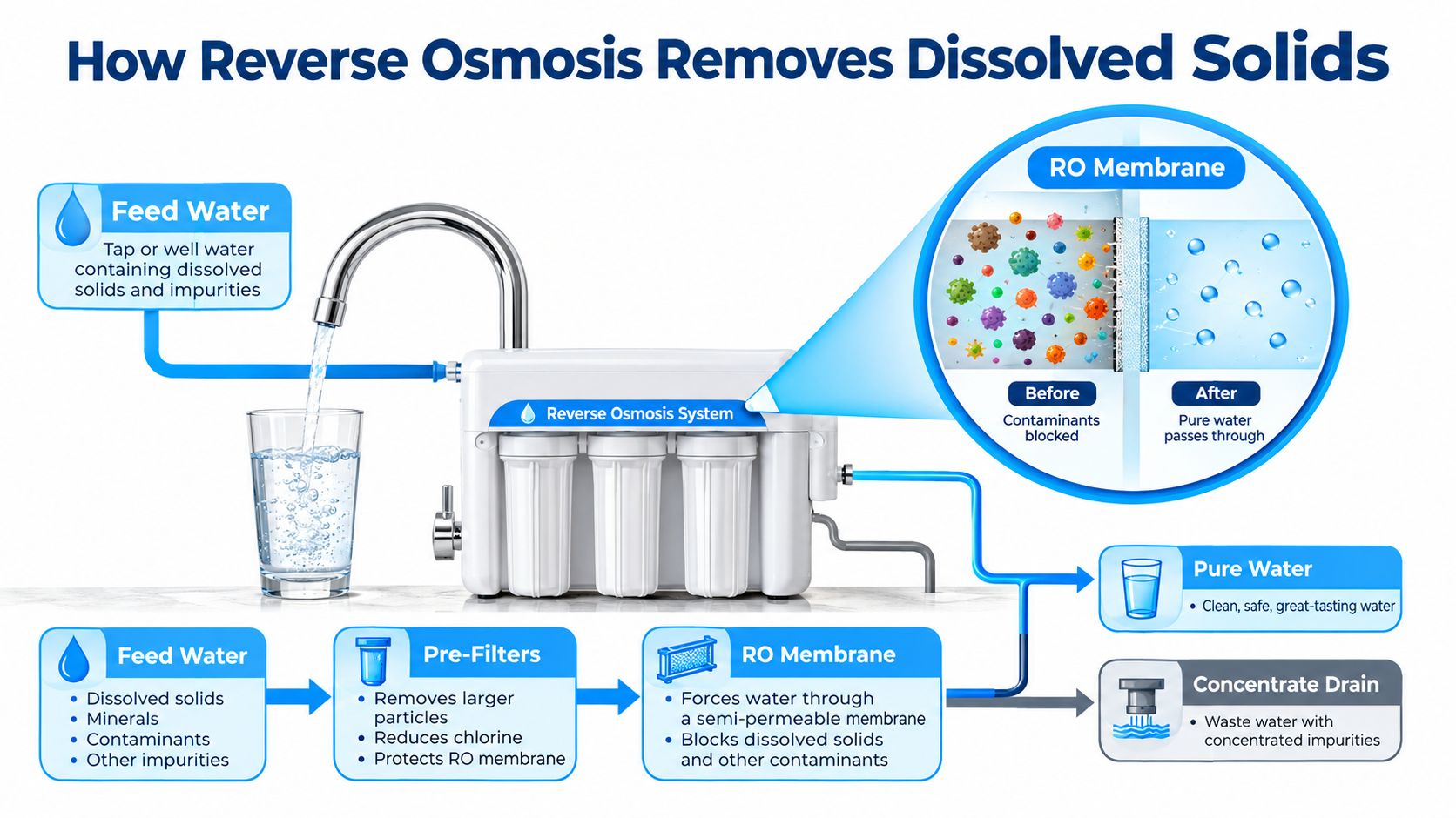 A diagram illustrating how a reverse osmosis system removes dissolved solids and impurities from tap water.