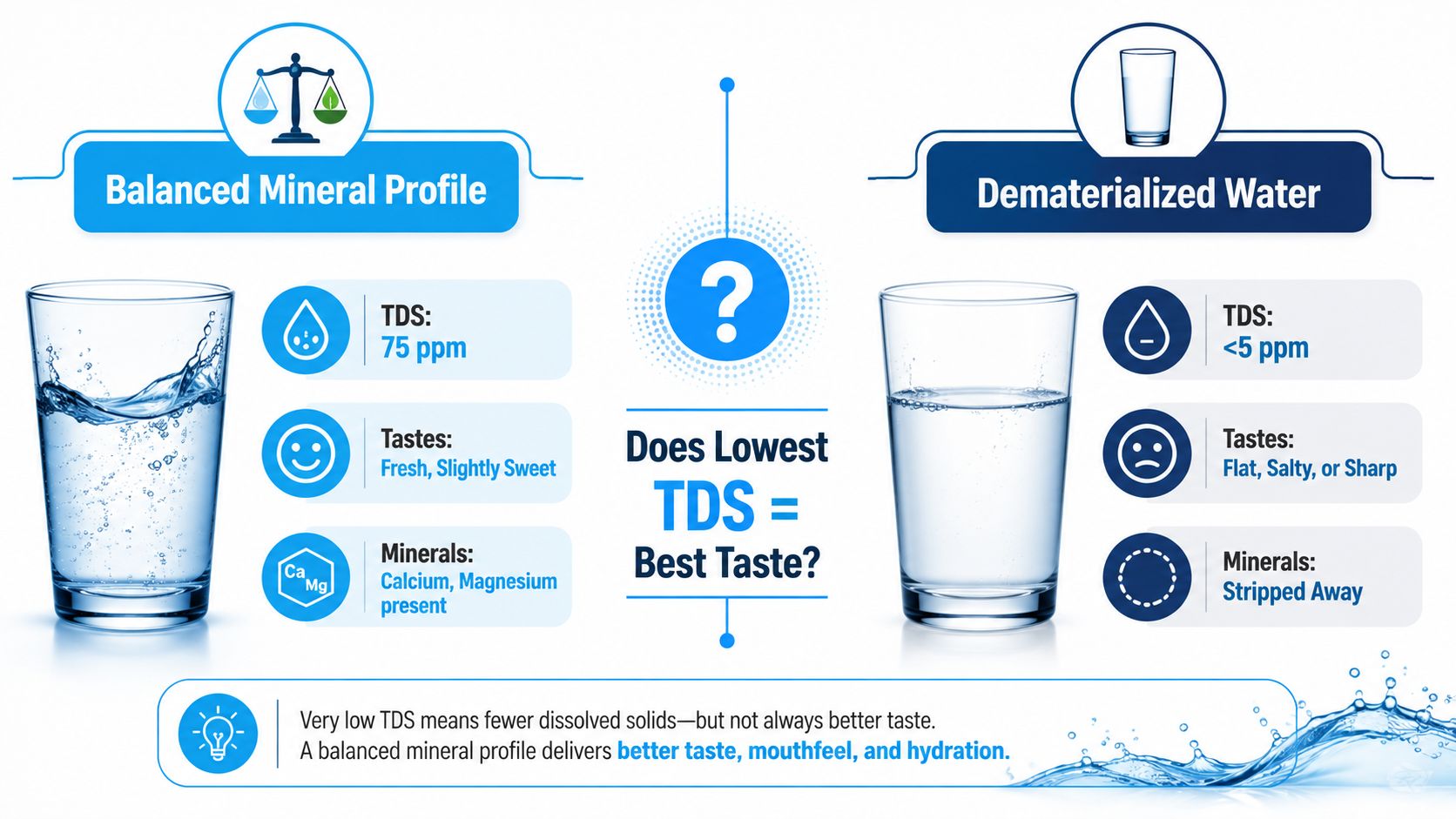 An infographic comparing water with a balanced mineral profile against demineralized water in terms of taste and quality.