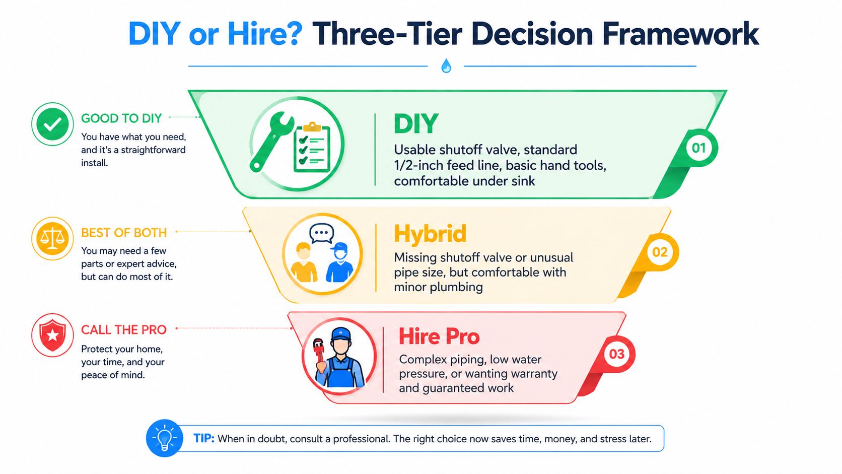 A DIY or hire decision framework infographic for installing water filters based on complexity and skill.