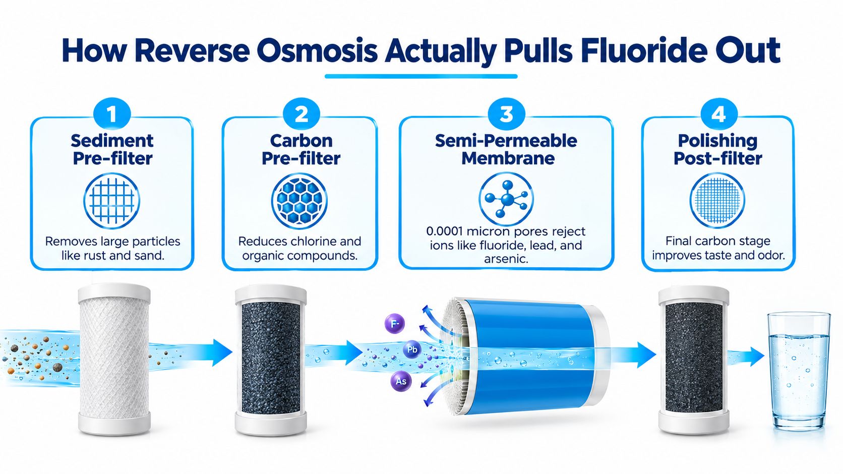 A diagram illustrating the four-stage reverse osmosis process used to remove fluoride from tap water.