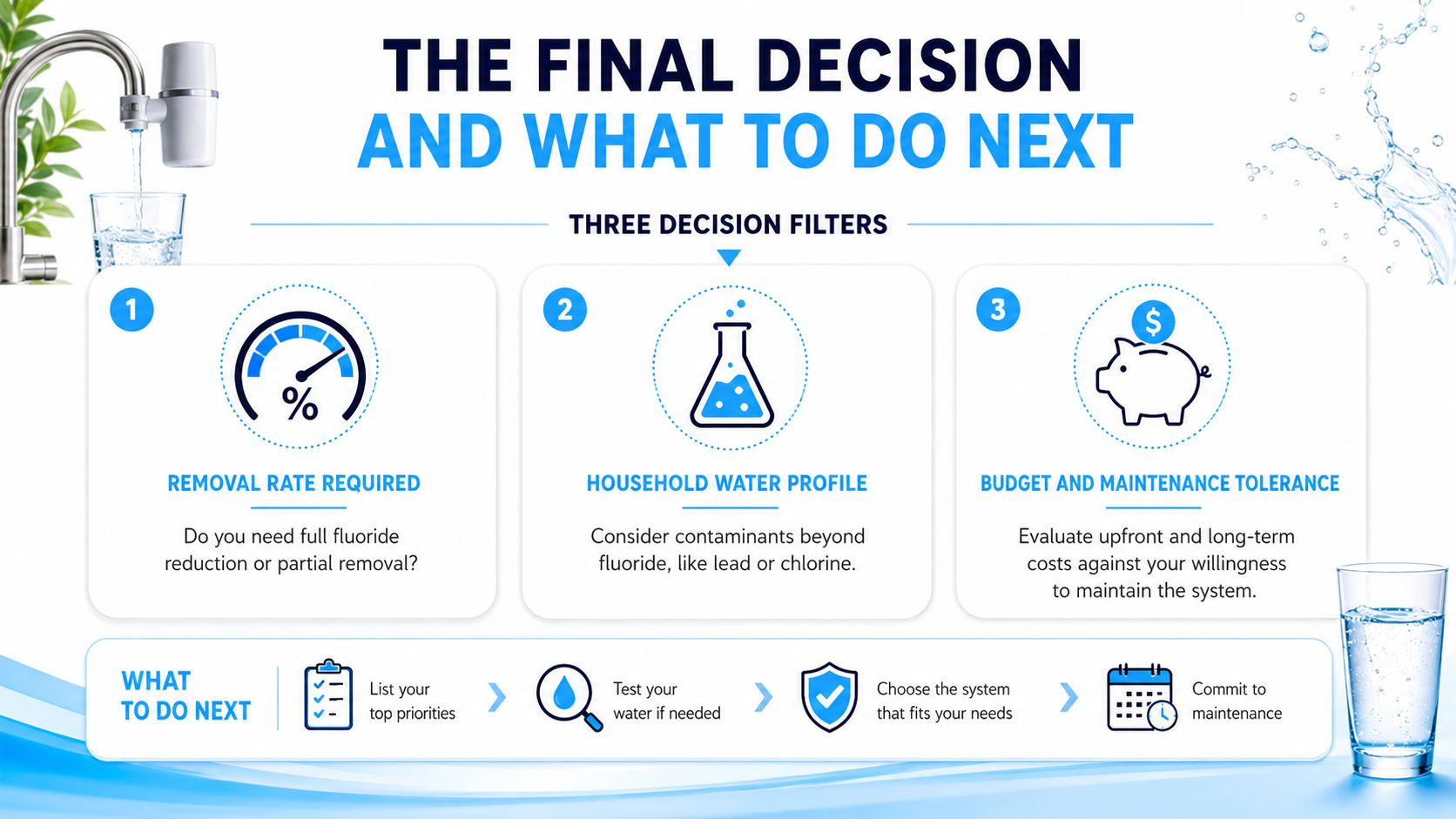 An infographic detailing the three key decision filters for choosing a water filtration system for the home.