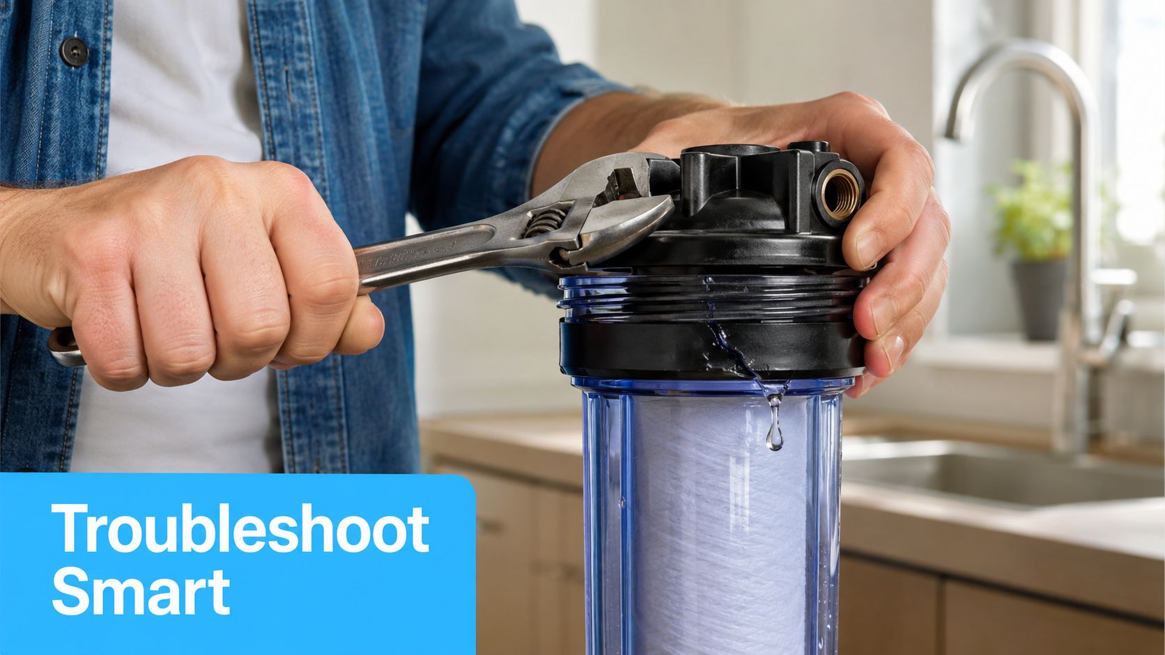 A person using an adjustable wrench to repair a cracked plastic water filter housing assembly.
