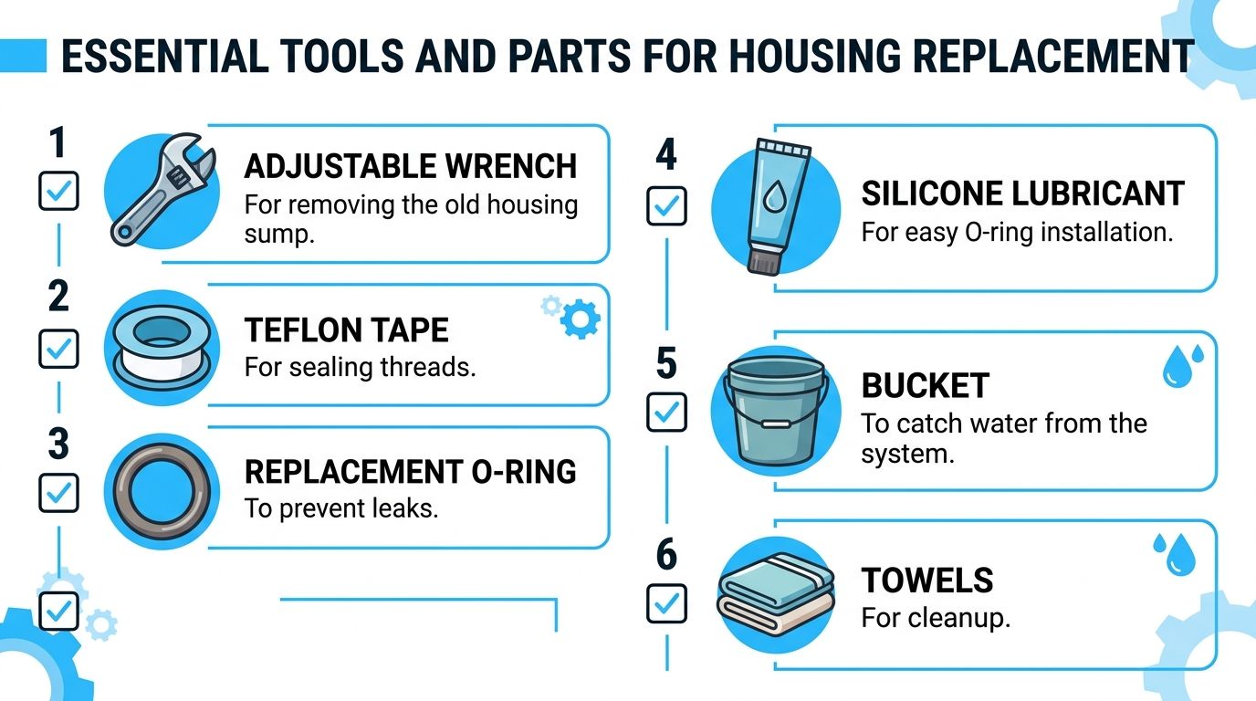 A helpful infographic listing the essential tools and parts needed for replacing a water filter housing.