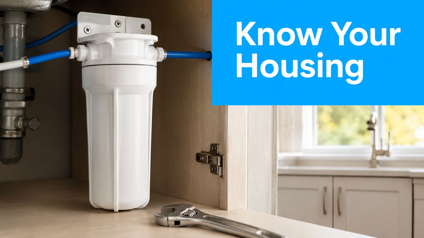 A white water filter housing installed under a kitchen cabinet with an adjustable wrench lying nearby.